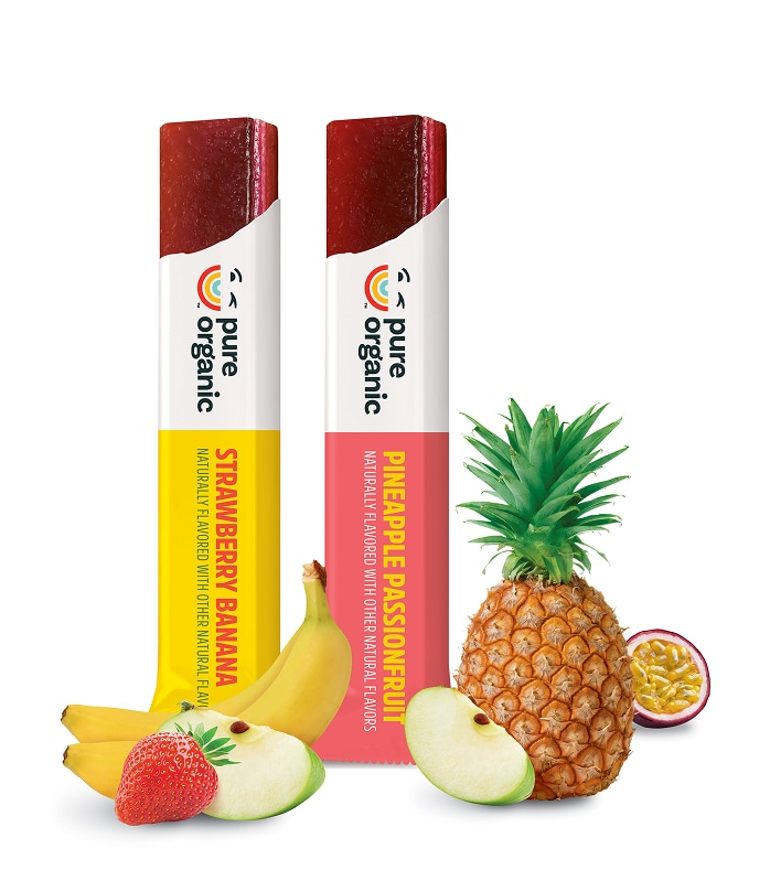 pure organic fruit bars and various fruits