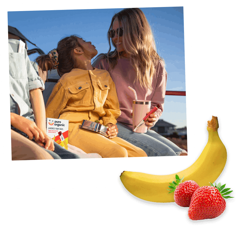 polaroid of a family enjoying a pure organic fruit snack