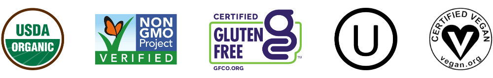USDA Certified Organic, Non GMO Project Certified, Certified Gluten-Free, Kosher, Certified Vegan